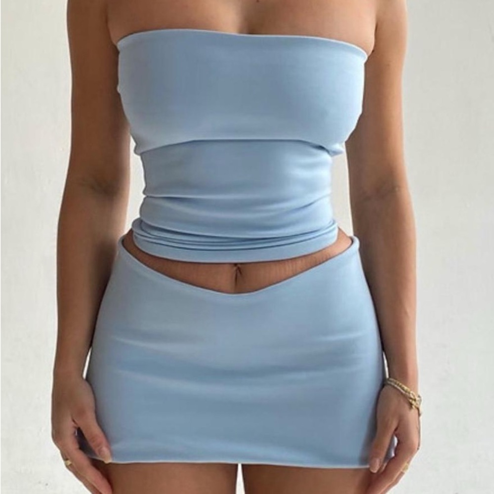 Black, Blue, and Tan Tube Top and Skirt Set
